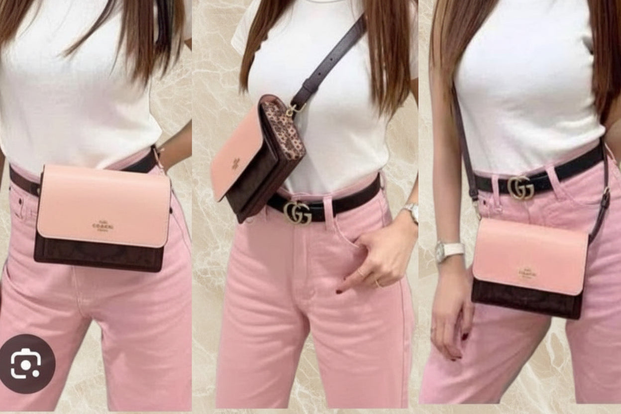 حقيبة كوتش قابلة للطي 3 في 1، حقيبة خصر/حقيبة كروس/حقيبة بودي - لون وردي فاتح، بنقشة جلد الثعبان المميزة