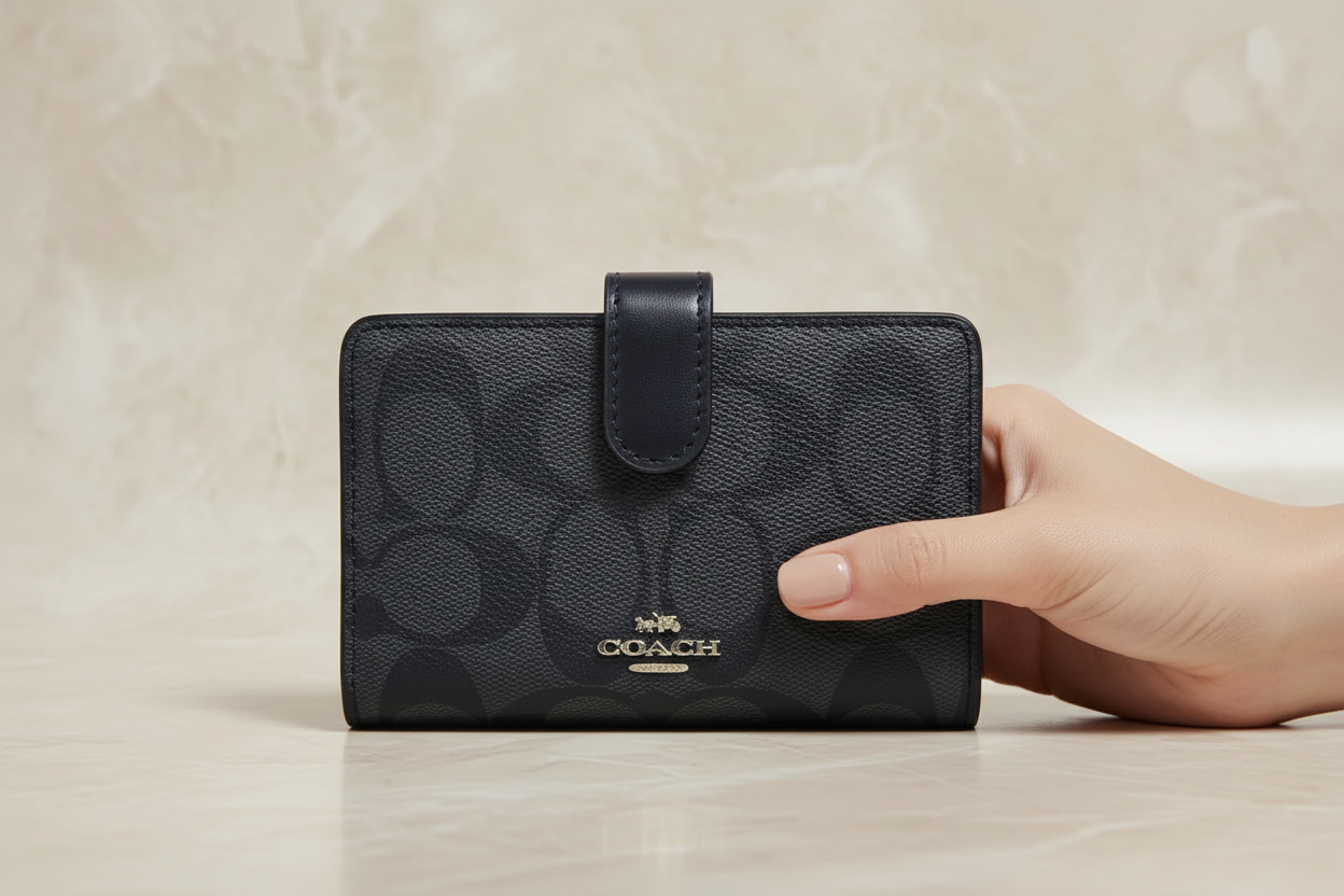 محفظة كوتش ثنائية الطي متوسطة الحجم بسحاب في الزاوية