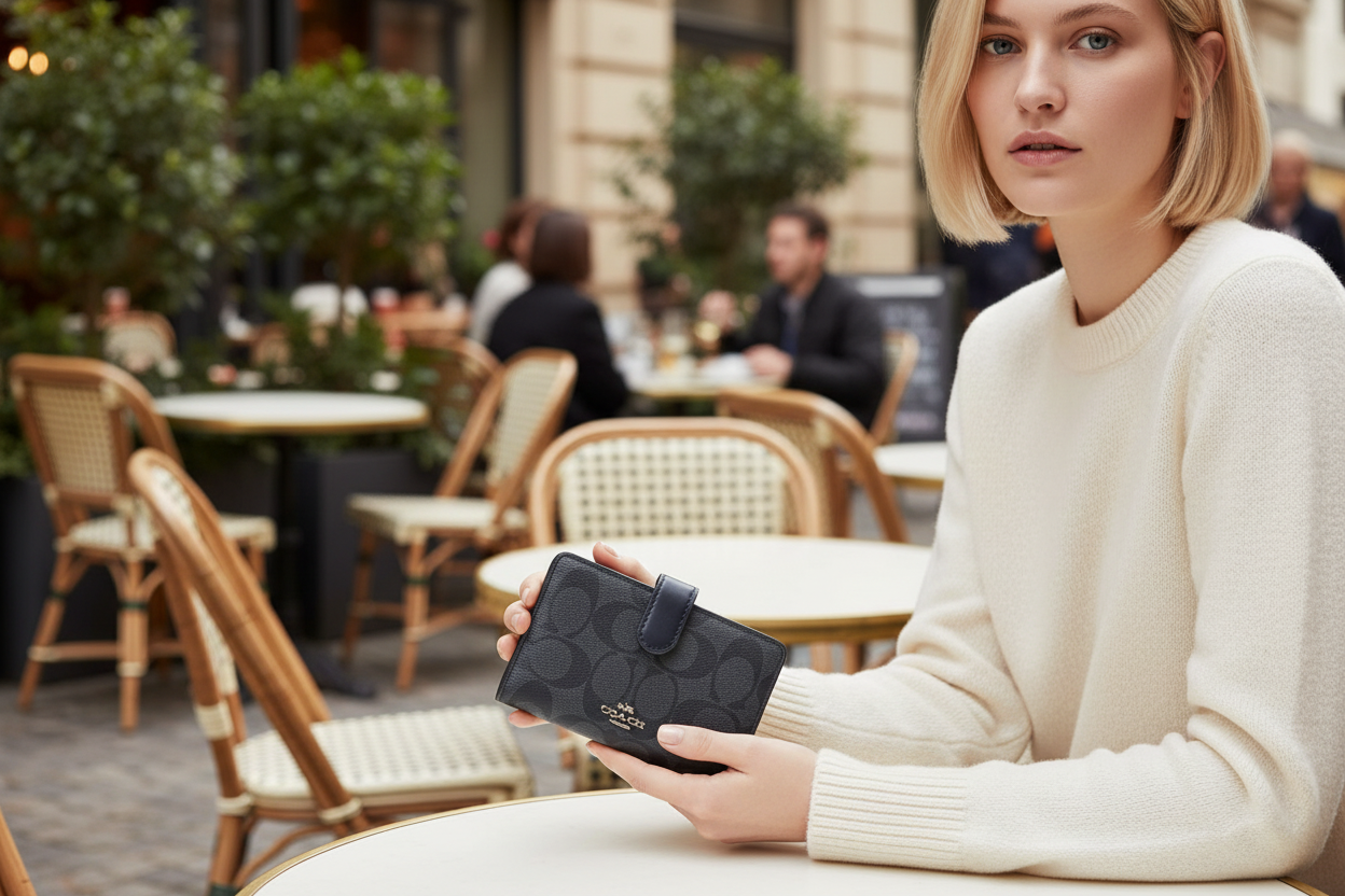 محفظة كوتش ثنائية الطي متوسطة الحجم بسحاب في الزاوية