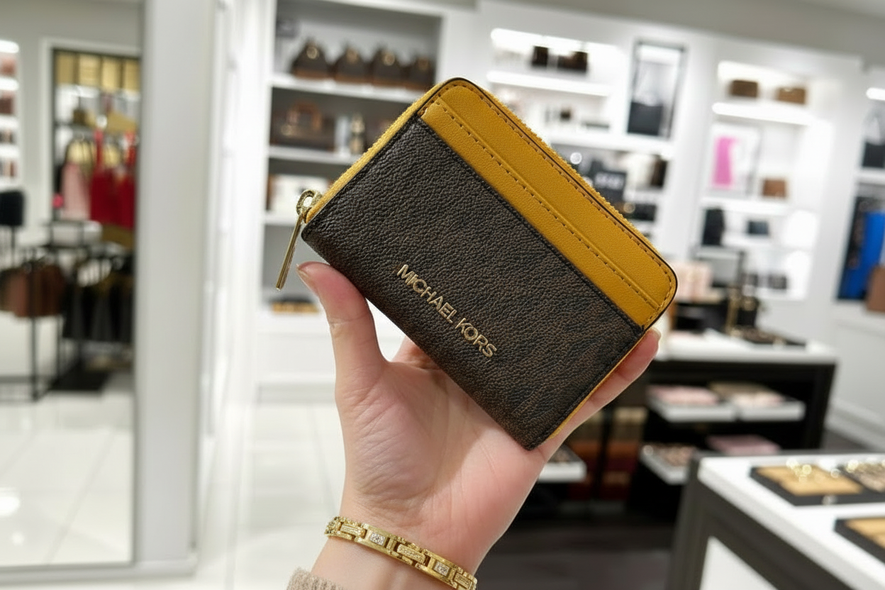 MICHAEL KORS SMALL COIN PURSE - SIGNATURE BRIWN/MUSTARD YELLOW