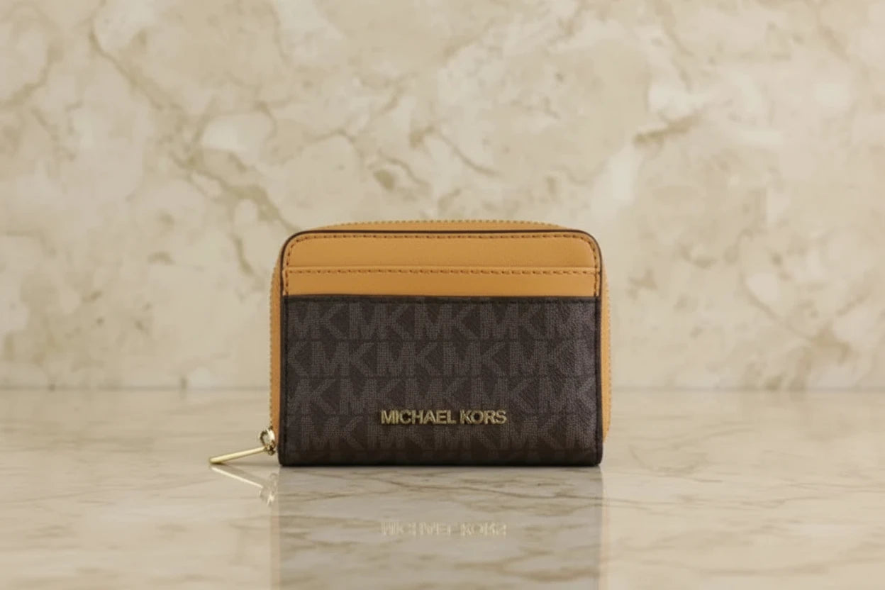 MICHAEL KORS SMALL COIN PURSE - SIGNATURE BRIWN/MUSTARD YELLOW