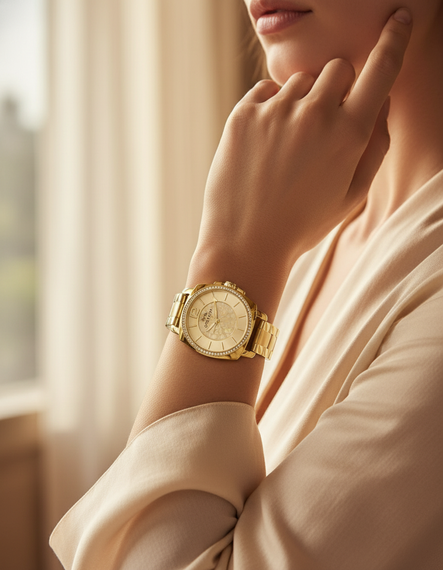 ساعة كوتش بوي فريند ذهبية من الفولاذ المقاوم للصدأ