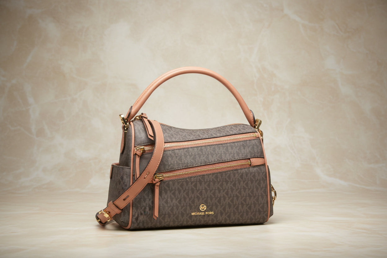 MICHAEL KORS LORIMER SATCHEL IN SIGNATURE BROWN ACORN - MEDIUM ( FROM BOUTIQUE STORE )