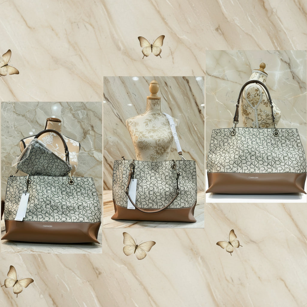CALVIN KLEIN TOTE IN SIGNATURE LOGO BEIGE/BROWN- XL OPEN WITH LARGE ZIP POUCH & LONG STRAP