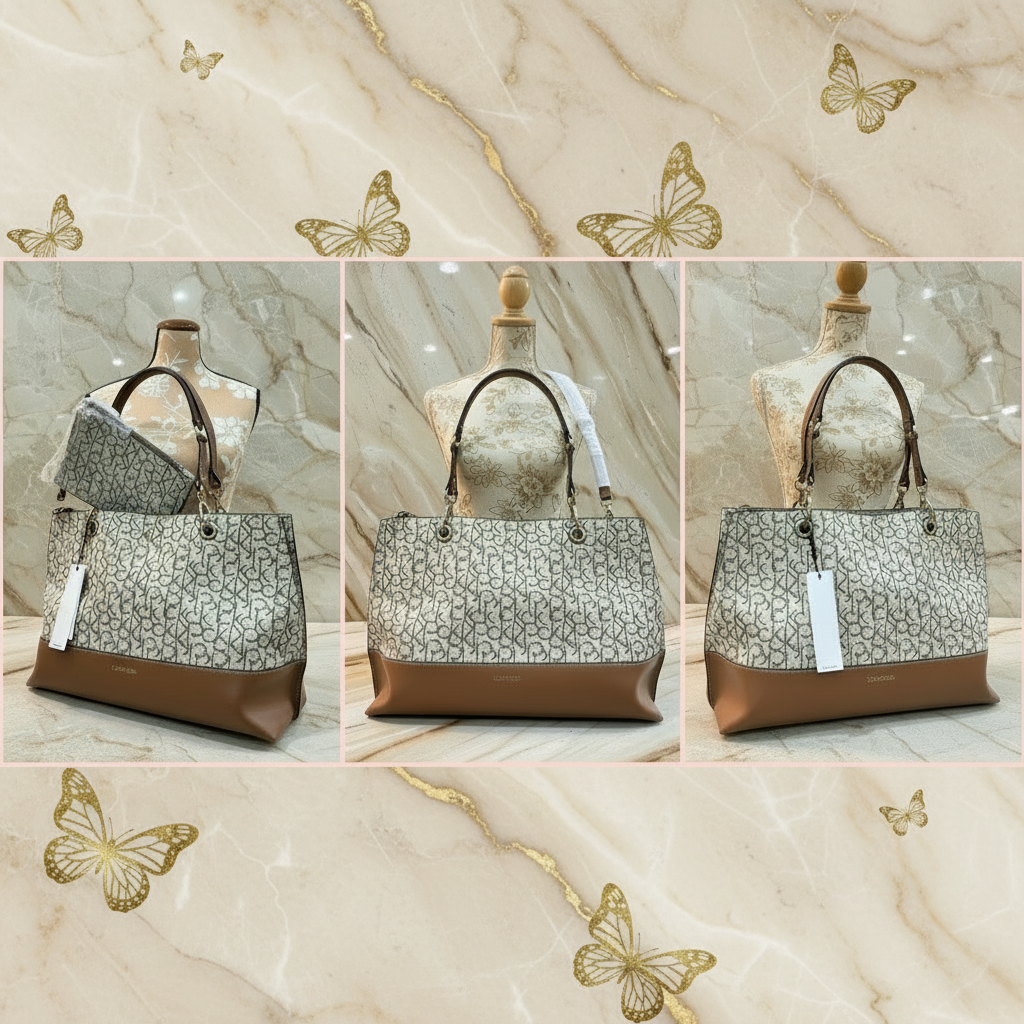 CALVIN KLEIN TOTE IN SIGNATURE LOGO BEIGE/BROWN- XL OPEN WITH LARGE ZIP POUCH & LONG STRAP